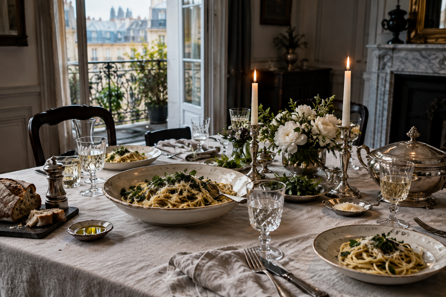 Pasta, white flowers, vintage silver, and crystal glasses around an inviting linen-covered table