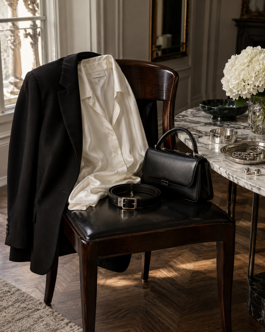 A black jacket, ivory blouse, and black handbag with silver jewelry beside a wooden chair